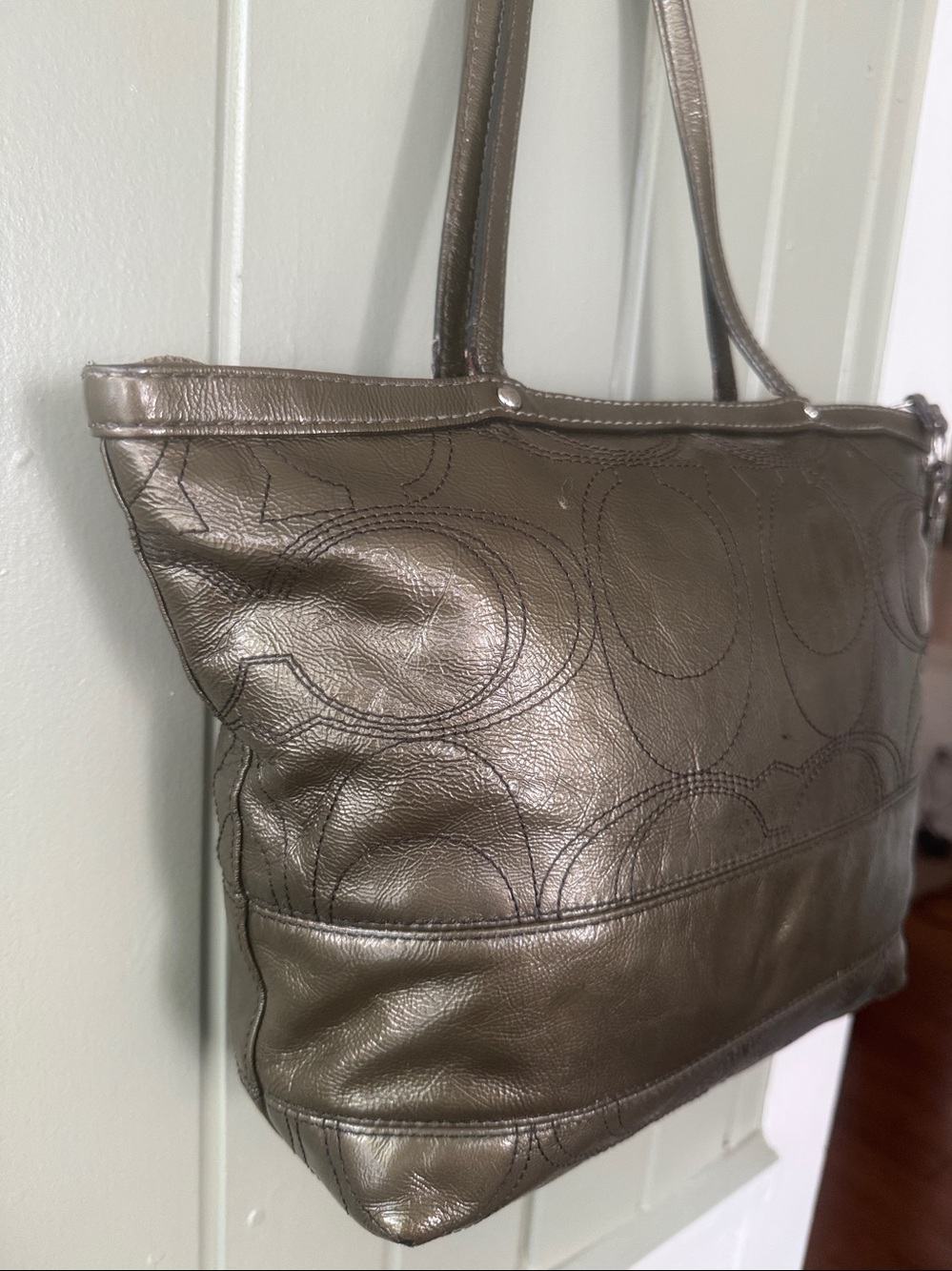 COACH Parker Metallic Leather Tote Olive Bronze Silver Hardware Blue Satin Bag - Picture 10 of 13